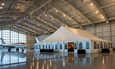 A large tent is arranged for an upscale event, showcasing a private jet in a well-lit hangar with shiny floors