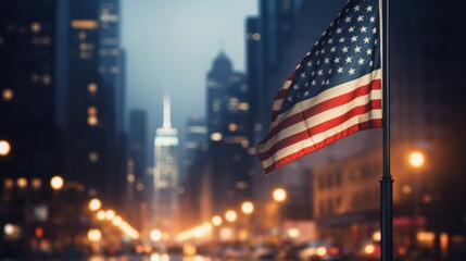 photograph of American flag pole In the background, the city is blurred with faint lights.