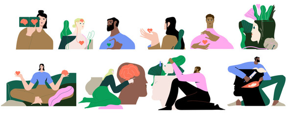 Obraz premium Mental health, psychology concept. Self love, mind care, help, acceptance. People with healthy mindset, psychotherapy, wellbeing. Flat graphic vector illustration isolated on white background.