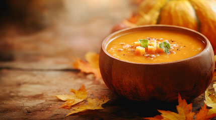 Velvet Pumpkin Soup Bowl with Spoon and Leaf Photography Food Menu Culinary Delight for Stock Images