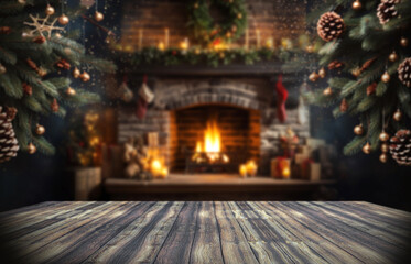 Obraz premium Creative out-of-focus Christmas and New Year design.Christmas background of christmas pine tree and fireplace inside the living room.3d illustration.
