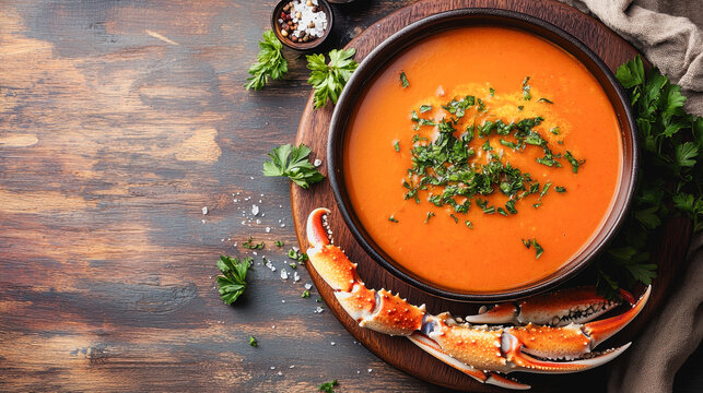 Velvet crab bisque photography Food menu bowl of soup crab spoon culinary art gourmet cuisine seafood dish