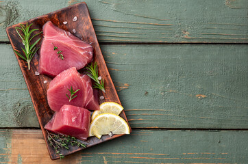 Raw tuna steak ( fillet ) photography . Top view