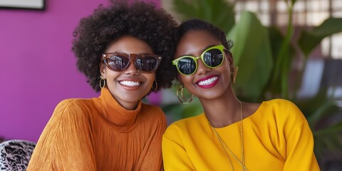 Two women wearing sunglasses and smiling for the camera. One is wearing a yellow shirt and the other is wearing an orange shirt