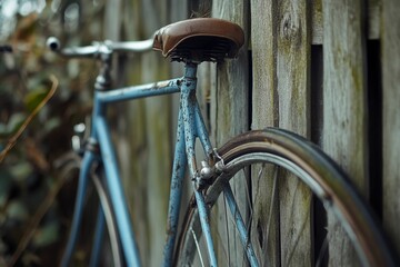 Obraz premium Rusty blue bicycle leans against weathered fence.