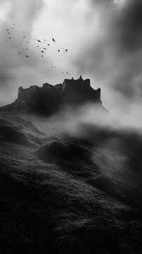 129. A spooky landscape with fog rolling over a haunted hilltop