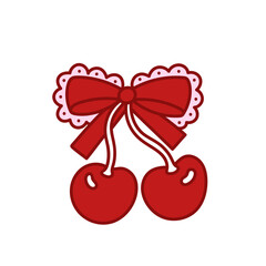 Coquette red bow with cherry berry. Elegant bow knot, gift bow with lace. Beautiful holiday decorative element, festive present decor. Vintage hand drawn clipart