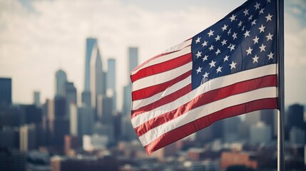 photograph of American flag pole The city is blurred in the background.