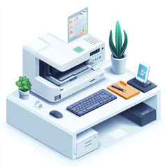 modern home office setup featuring printer, desk, and plants