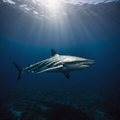Fototapeta premium haie, ozean, tiefes wasser, große haie, meer, gefährliche haie, blau, unterwasserwelt, raubfische, meerestiere, aquatisch, schwimmen, ozeanleben, wasserwelt, tiefsee, fischarten, majestätisch, haiflos