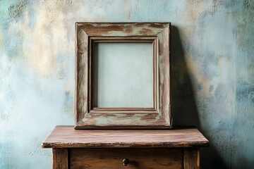 Aged wooden frame, blank, sits on rustic table.