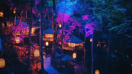 Obraz premium Illuminated treehouses nestled in a mystical forest at night, with warm light and hanging lanterns.