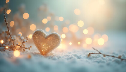 Obraz premium Wooden heart shapes on a snowy background with a blurred bokeh effect and sparkling lights