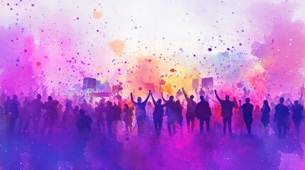 Silhouettes of people celebrating at a colorful festival with confetti falling.