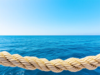 Fototapeta premium A calm ocean horizon with a taut rope in the foreground, depicting strength, stability, and nautical concepts with serene water views.