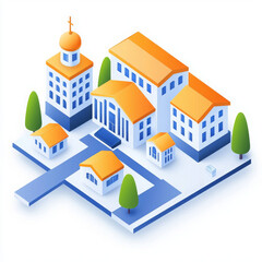 vibrant isometric illustration of minimal urban landscape featuring buildings and trees