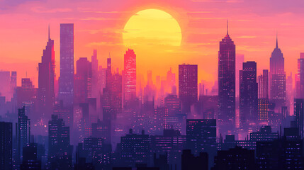 City Skyline Sunset Vibrant Colors Urban Landscape
