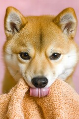 Close-Up of Playful Shiba Inu Dog with Towel and Pink Background