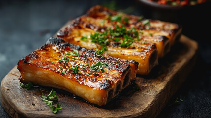 Artisan Food Menu Featuring Delicious Roasted Bone Marrow on Wooden Cutting Board with Sliced Garnish