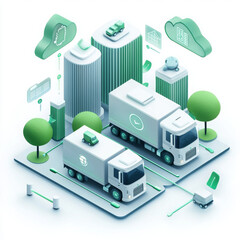 Obraz premium Efficient delivery trucks in sustainable urban environment with greenery