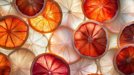 Close-up of layered citrus slices, vibrant colors and textures.