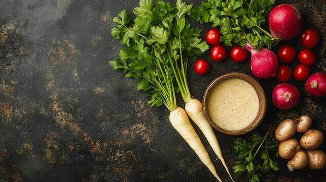 Food menu photography featuring parsnip veloute with radis and dressing in a stylish culinary presentation