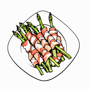 bacon-wrapped asparagus on white plate clip art preview