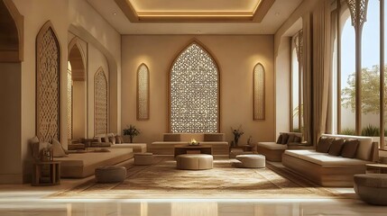 Ramadan-themed modern living room, cream-colored walls with natural wood furniture and subtle Islamic art 