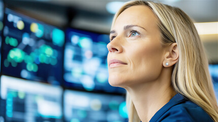 Naklejka premium A focused female analyst works in a high-tech control center surrounded by glowing screens and data, representing technology and innovation.