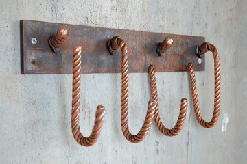 Twisted copper hooks on rustic metal plate.