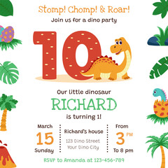 Dinosaur invitation. Birthday party invitation card with dinosaur and birthday anniversary number.