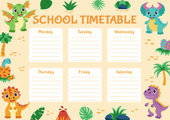 Fototapeta premium Dinosaur school timetable. Timetble with dinosaurs and tropical plants.