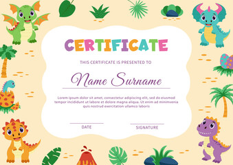 Dinosaur diploma, certificate. Template with dinosaurs and tropical plants.