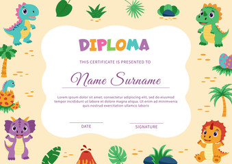 Dinosaur diploma, certificate. Template with dinosaurs and tropical plants.
