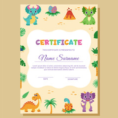 Dinosaur diploma, certificate. Template with dinosaurs and tropical plants.