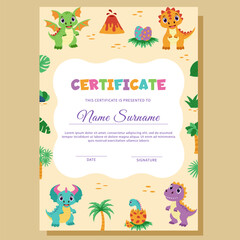 Dinosaur diploma, certificate. Template with dinosaurs and tropical plants.