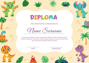 Dinosaur diploma, certificate. Template with dinosaurs and tropical plants.