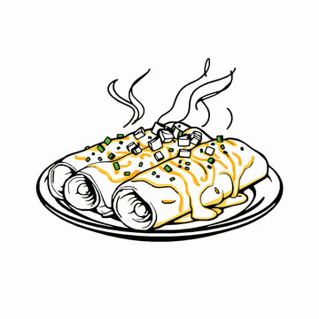 enchiladas on plate, yellow sauce, black outline clip art preview