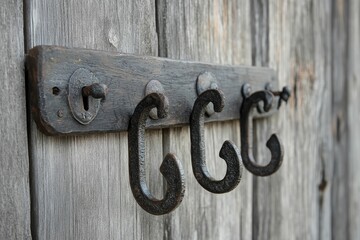 Rustic wooden board with three metal hooks.