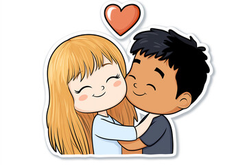 A cute cartoon-style couple hugs affectionately with a heart floating above them, symbolizing love and relationship in a joyful, colorful illustration.