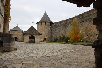 Khotyn fortess, castle in Ukraine in autumn. One of seven wonders of Ukraine. Exterior view of Khotyn Fortress, fortification complex on Dniester bank in Khotyn town, outdoors
