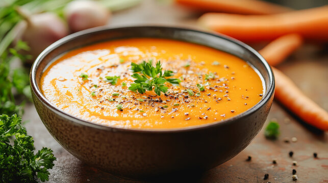 Luminous Carrot Veloute Bowl with Carrot Soup and Parise Garnish in Professional Food Photography Style