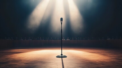 Spotlight on empty stage with microphone, anticipation concept