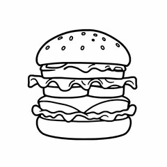 Classic Cheeseburger with Pickles – Black Outline Vector Illustration
