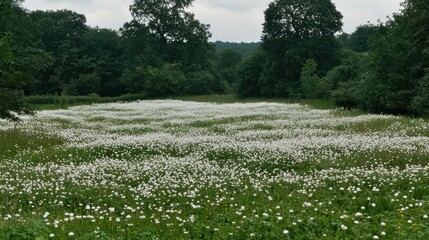 Serene Meadow Filled with White Flowers Under Overcast Sky