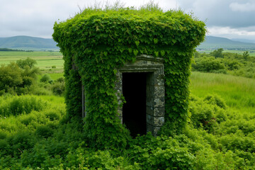 Fototapeta premium A small stone building covered in ivy in a grassy field
