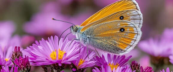 Stunning close-up of a vibrant orange and grey butterfly delicately perched on a cluster of purple aster flowers.