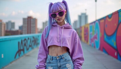 A Gen Z woman with pastel purple or blue hair, wearing oversized sunglasses and vibrant streetwear, such as a cropped hoodie, distressed jeans, and trendy sneakers. 