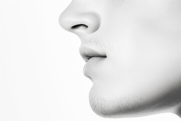 Obraz premium Close-up of a man's lower face showing sharp jawline and smooth skin. Monochrome tones create a minimalistic and modern vibe, with subtle lighting.