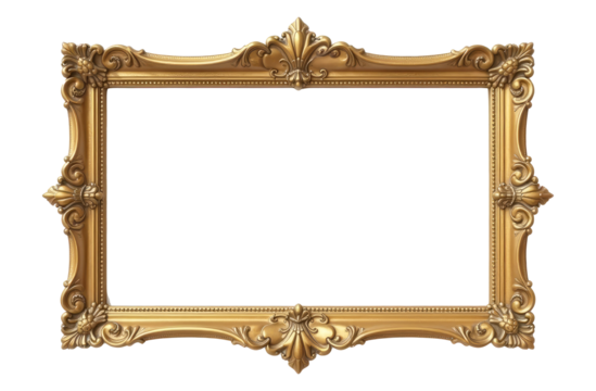 Old antique gold vintage decorative frame horizontal format cut out. PNG Frame. Stylish classic gold painting, carved design patterns